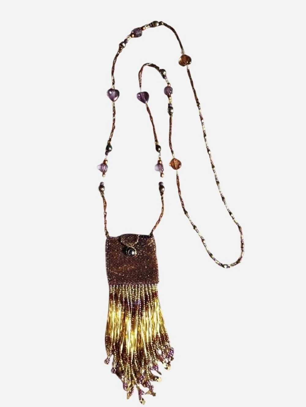 Vintage Bohemian Multicolored Beaded Fringe Satchel Necklace